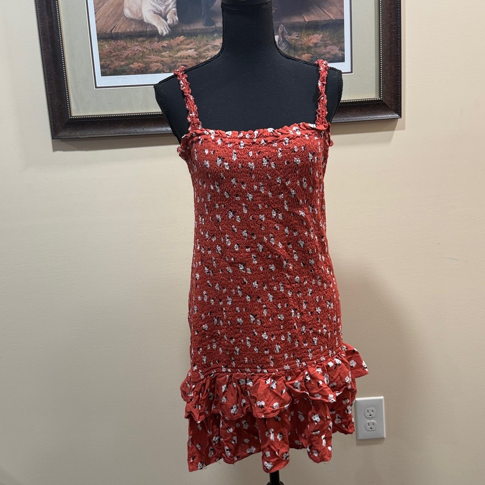 Guess Red Floral Smocked Dress with Ruffle Hem